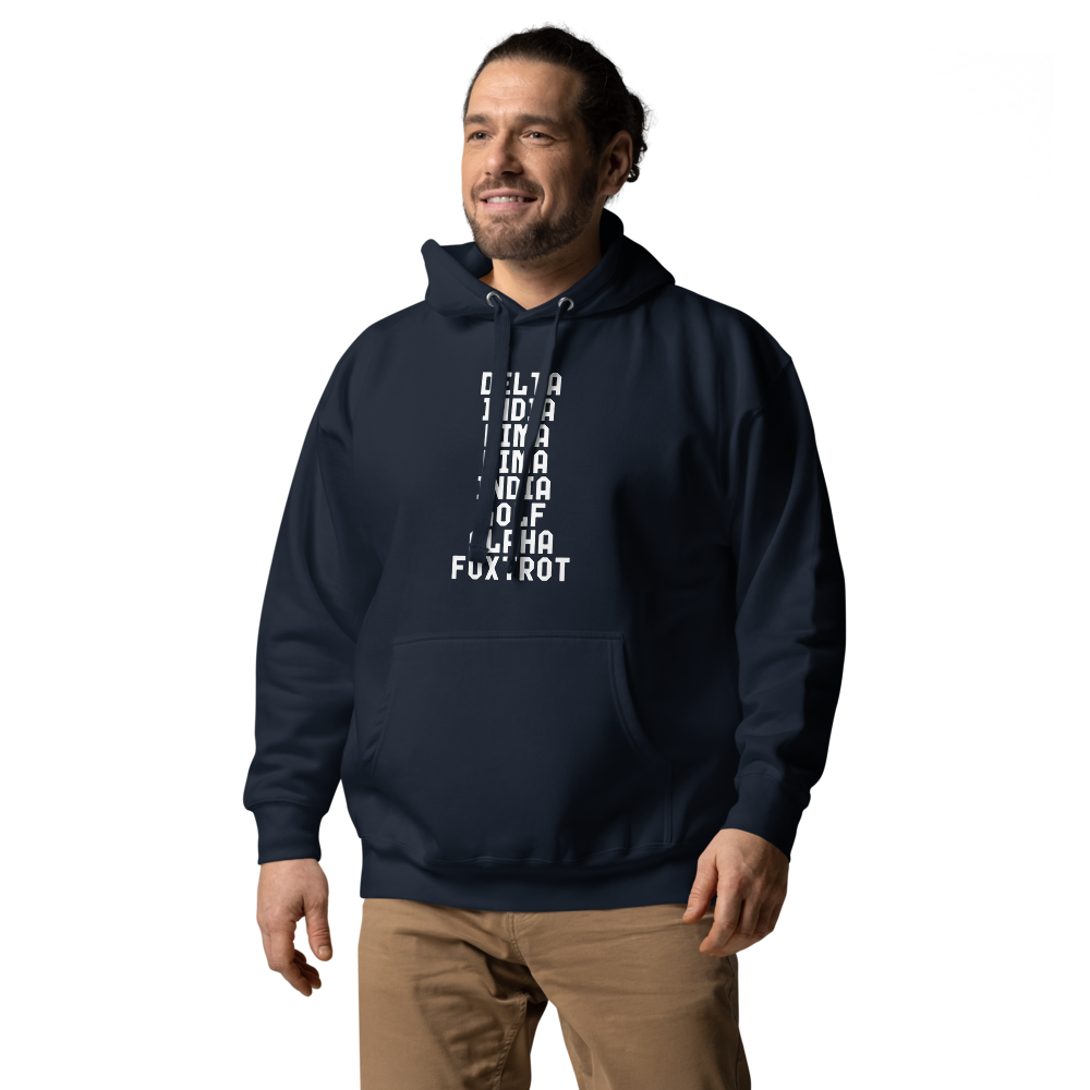 "DILLIGAF" printed on a navy blazer unisex hoodie worn by a male