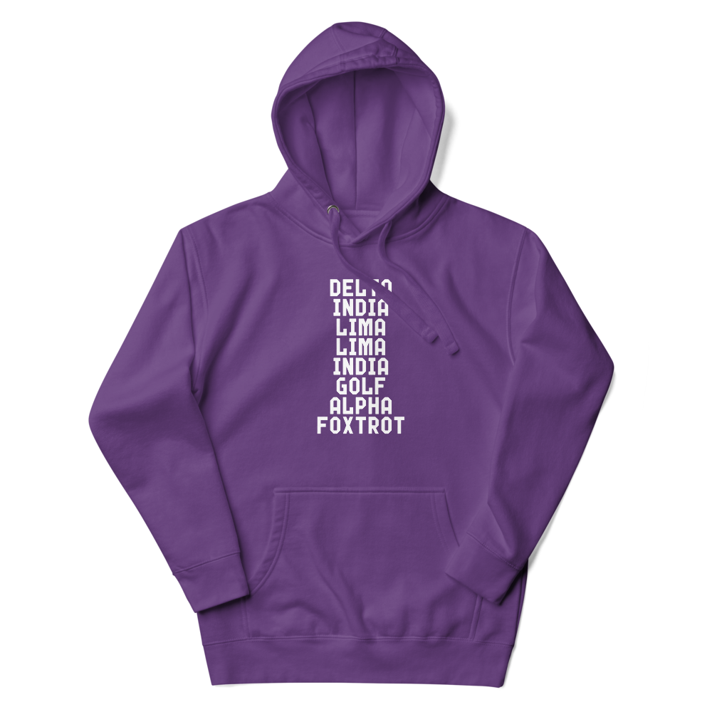 "DILLIGAF" printed on a purple unisex hoodie laying on a flat surface with the hood up