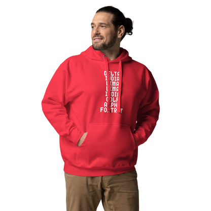 "DILLIGAF" printed on a team red unisex hoodie worn by a male