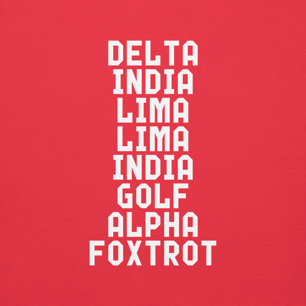 "DILLIGAF" printed on a team red background