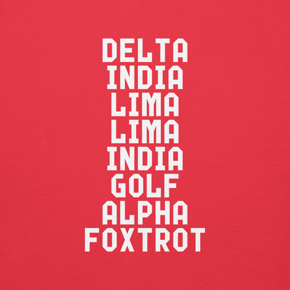 "DILLIGAF" printed on a team red background