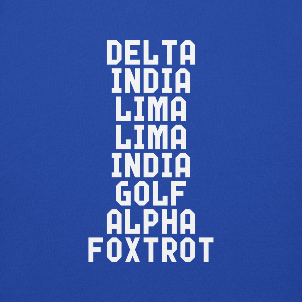 "DILLIGAF" printed on a team royal background