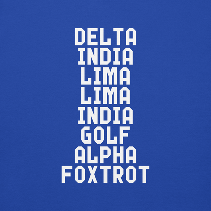 "DILLIGAF" printed on a team royal background