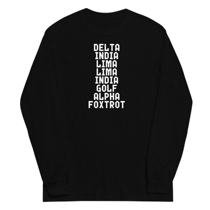 "DILLIGAF" printed on a black men's long sleeve shirt laying on a flat surface