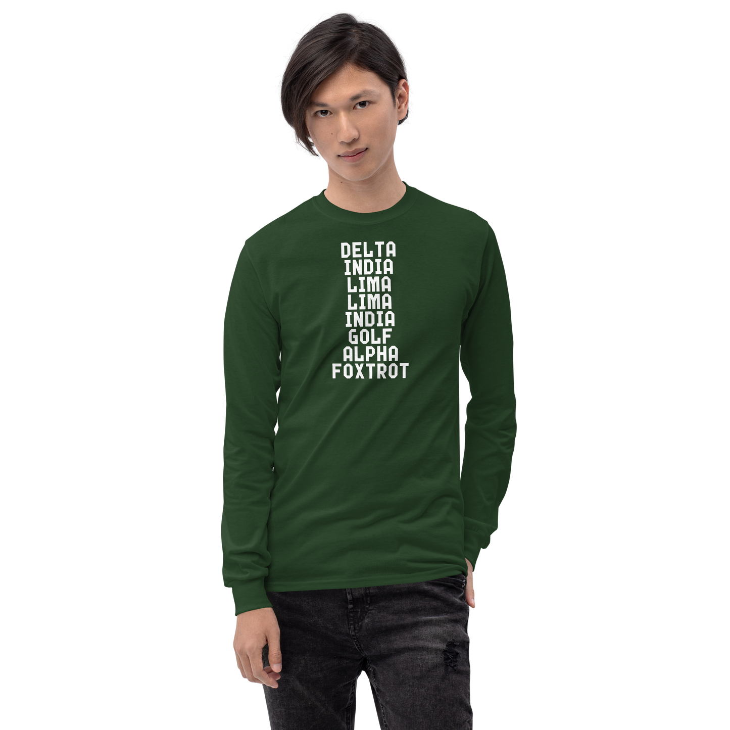 "DILLIGAF" printed on a forest green men's long sleeve shirt worn by a male