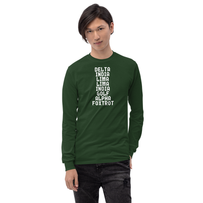 "DILLIGAF" printed on a forest green men's long sleeve shirt worn by a male