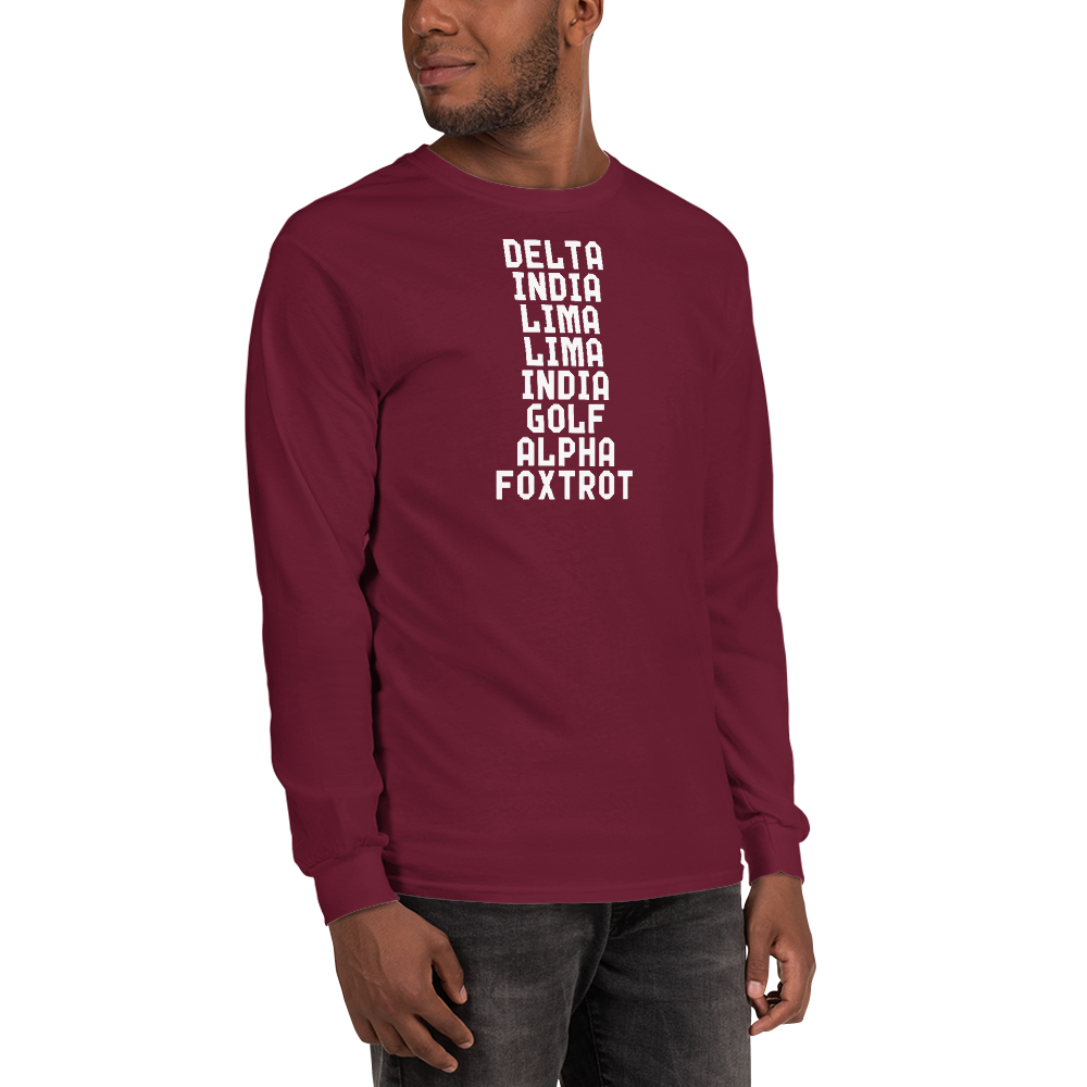 "DILLIGAF" printed on a maroon men's long sleeve shirt worn by a male