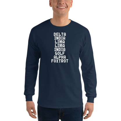 "DILLIGAF" printed on a navy men's long sleeve shirt worn by a male