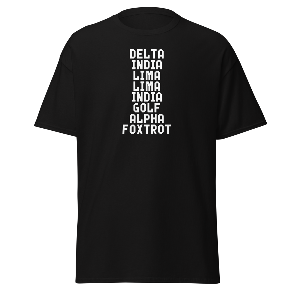 "DILLIGAF" printed on a black on an invisible body