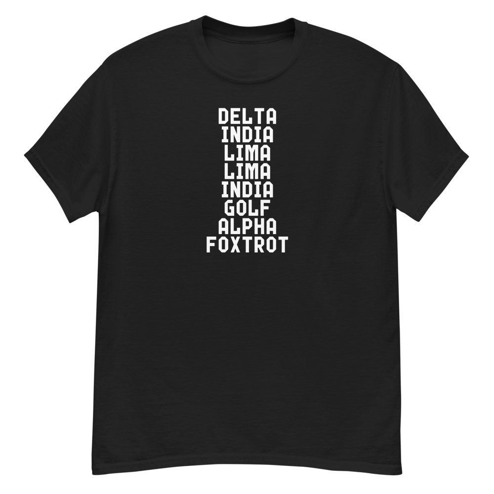 "DILLIGAF" printed on a black unisex classic tee laying on a flat surface