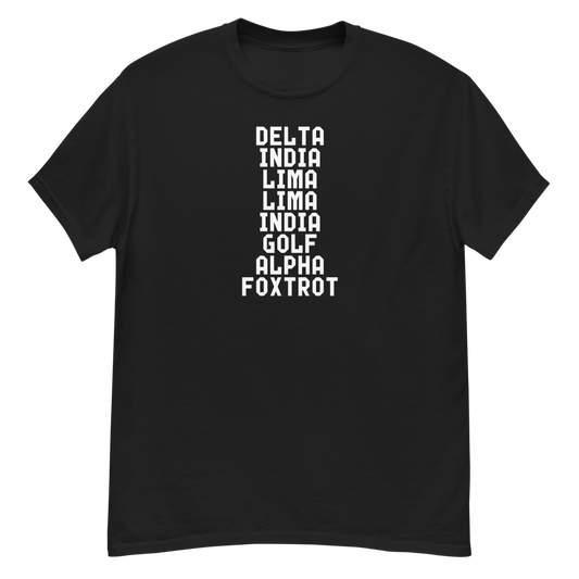 "DILLIGAF" printed on a black unisex classic tee laying on a flat surface