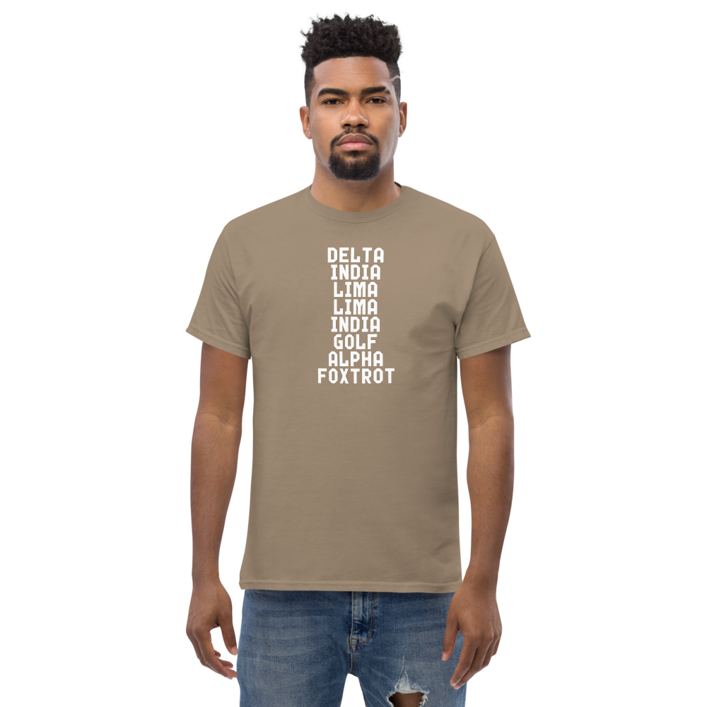 "DILLIGAF" printed on a brown savana unisex classic tee worn by a male