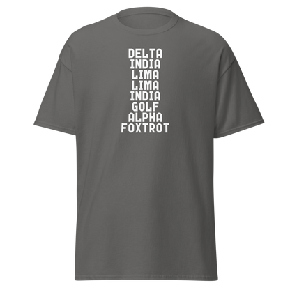 "DILLIGAF" printed on a charcoal on an invisible body