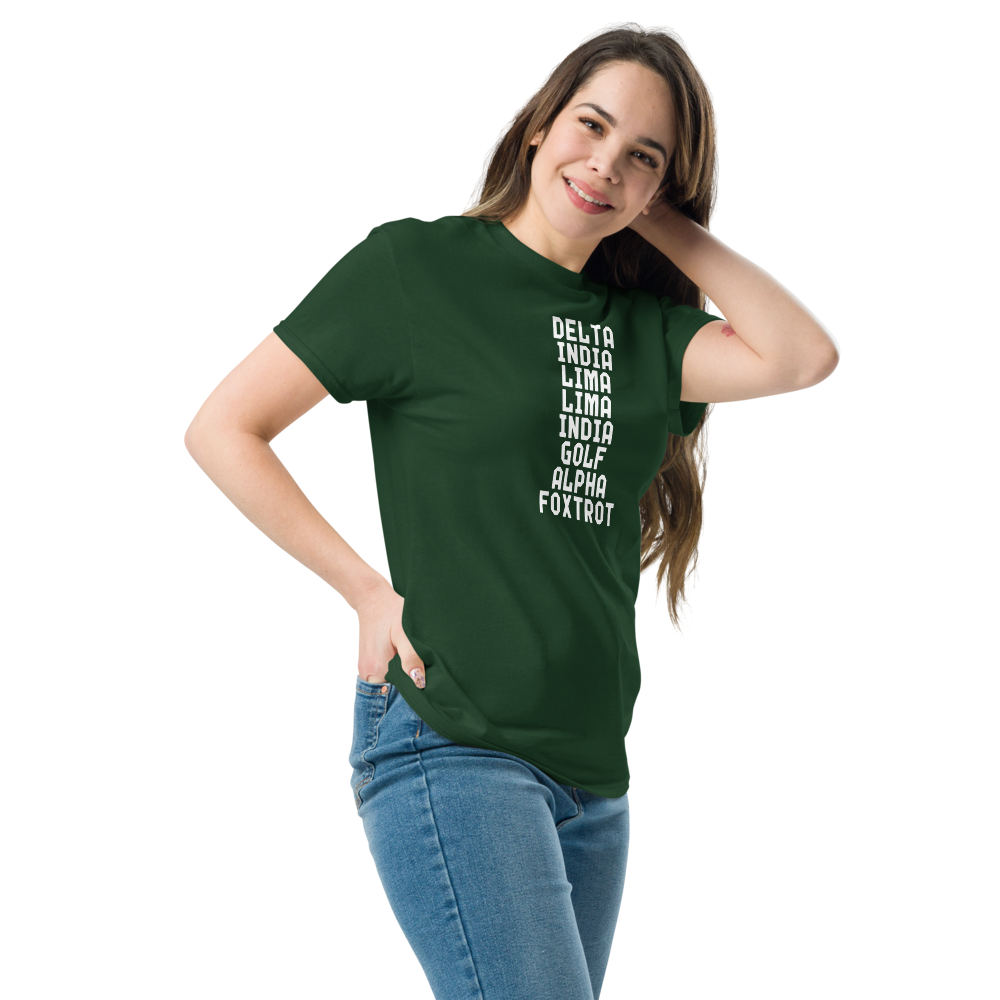 "DILLIGAF" printed on a forest green unisex classic tee worn by a female
