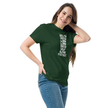 "DILLIGAF" printed on a forest green unisex classic tee worn by a female