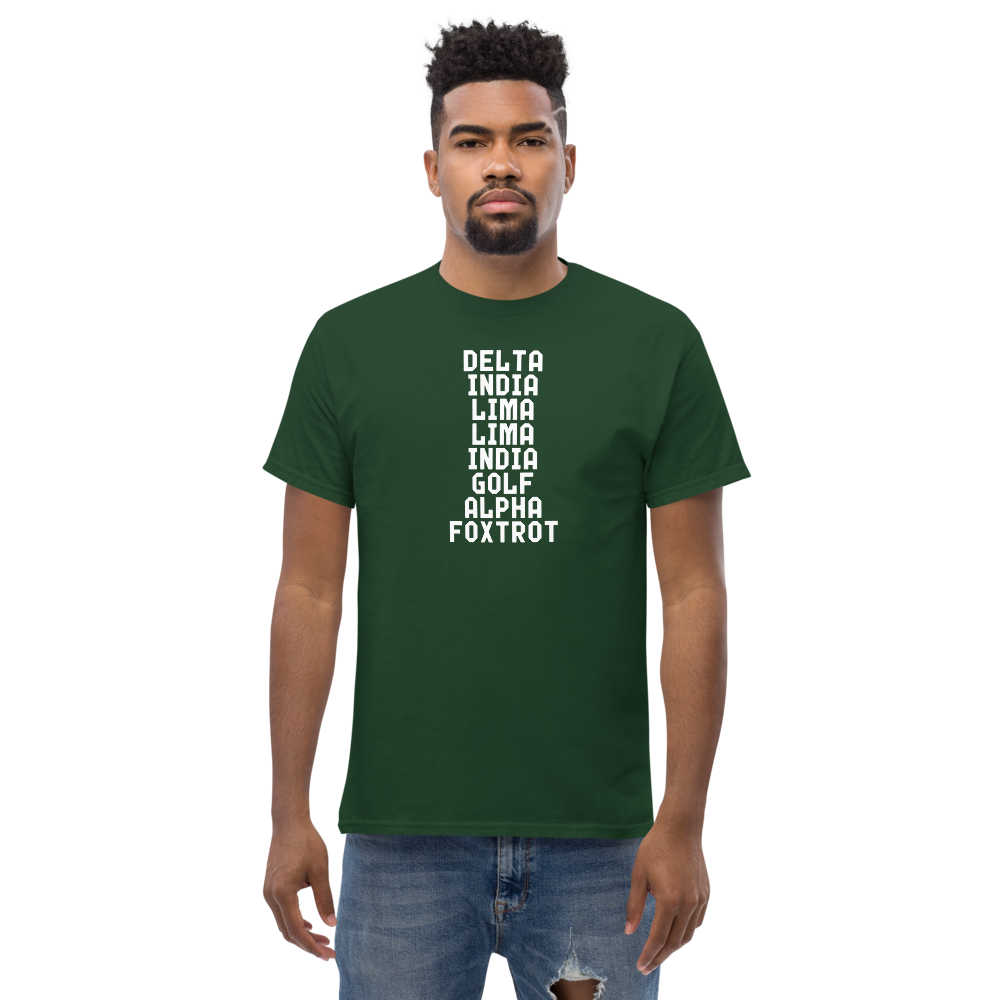 "DILLIGAF" printed on a forest green unisex classic tee worn by a male