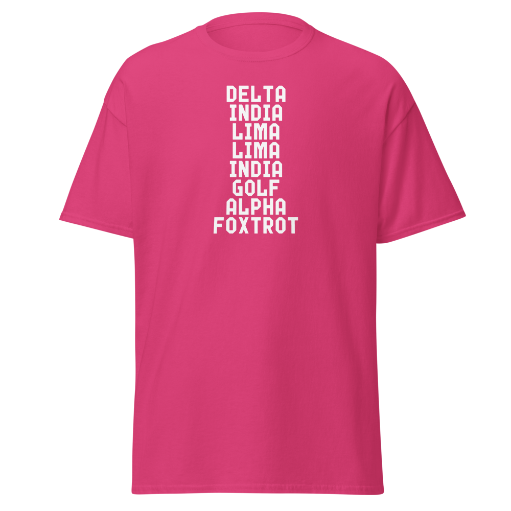 "DILLIGAF" printed on a heliconia on an invisible body