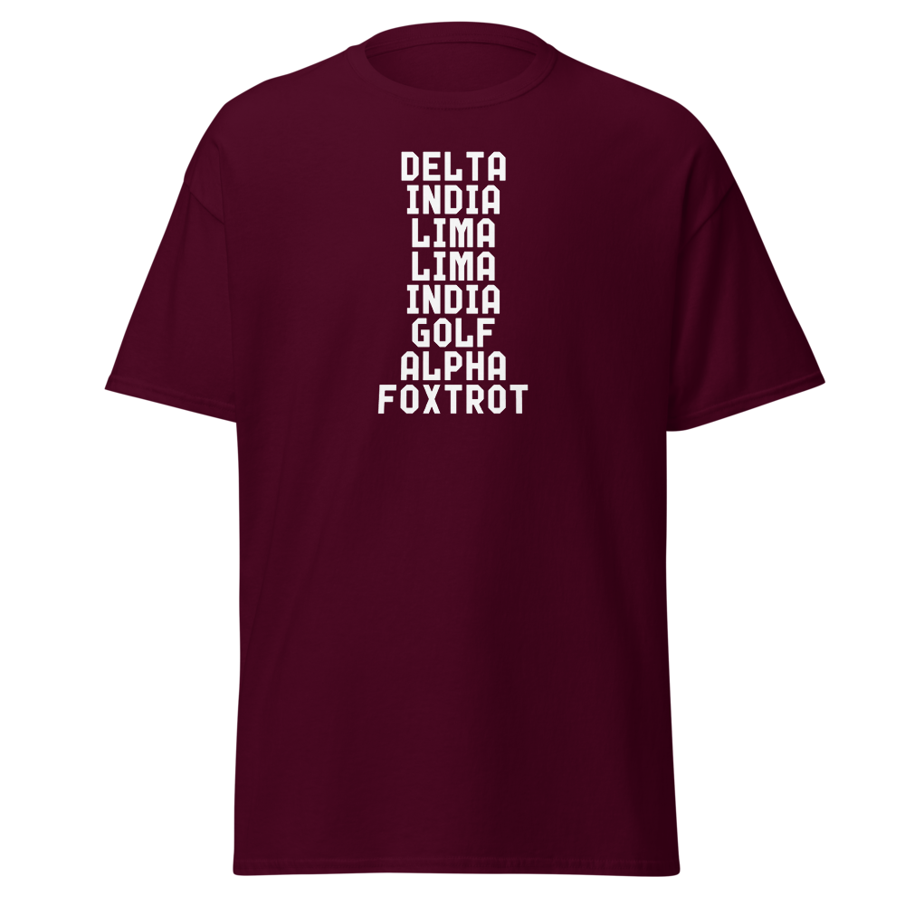 "DILLIGAF" printed on a maroon on an invisible body