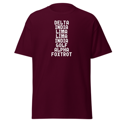 "DILLIGAF" printed on a maroon on an invisible body