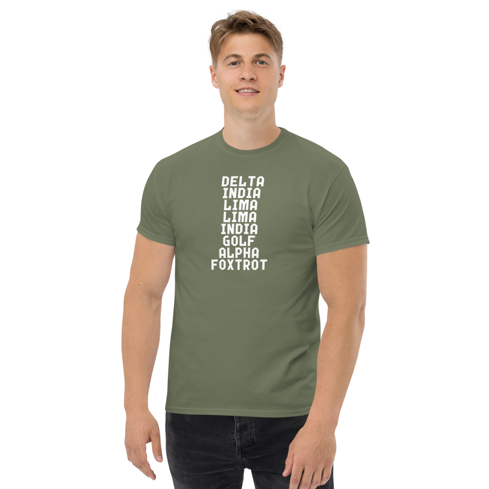 "DILLIGAF" printed on a military green unisex classic tee worn by a male