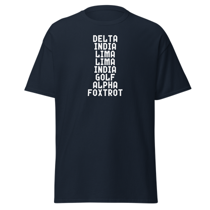 "DILLIGAF" printed on a navy on an invisible body