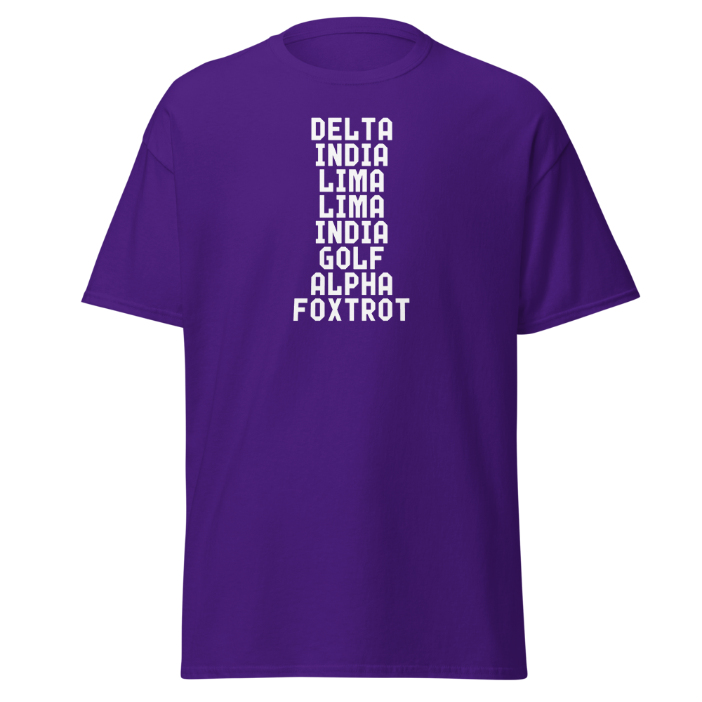 "DILLIGAF" printed on a purple on an invisible body