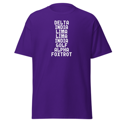 "DILLIGAF" printed on a purple on an invisible body
