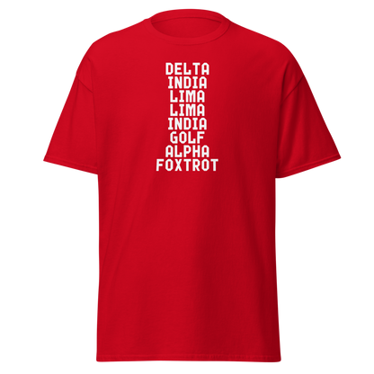 "DILLIGAF" printed on a red on an invisible body