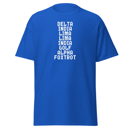 "DILLIGAF" printed on a royal on an invisible body