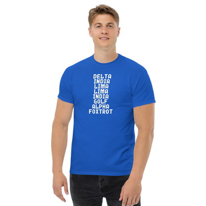 "DILLIGAF" printed on a royal unisex classic tee worn by a male