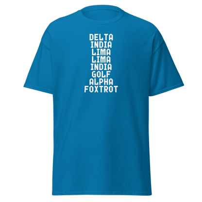 "DILLIGAF" printed on a sapphire on an invisible body