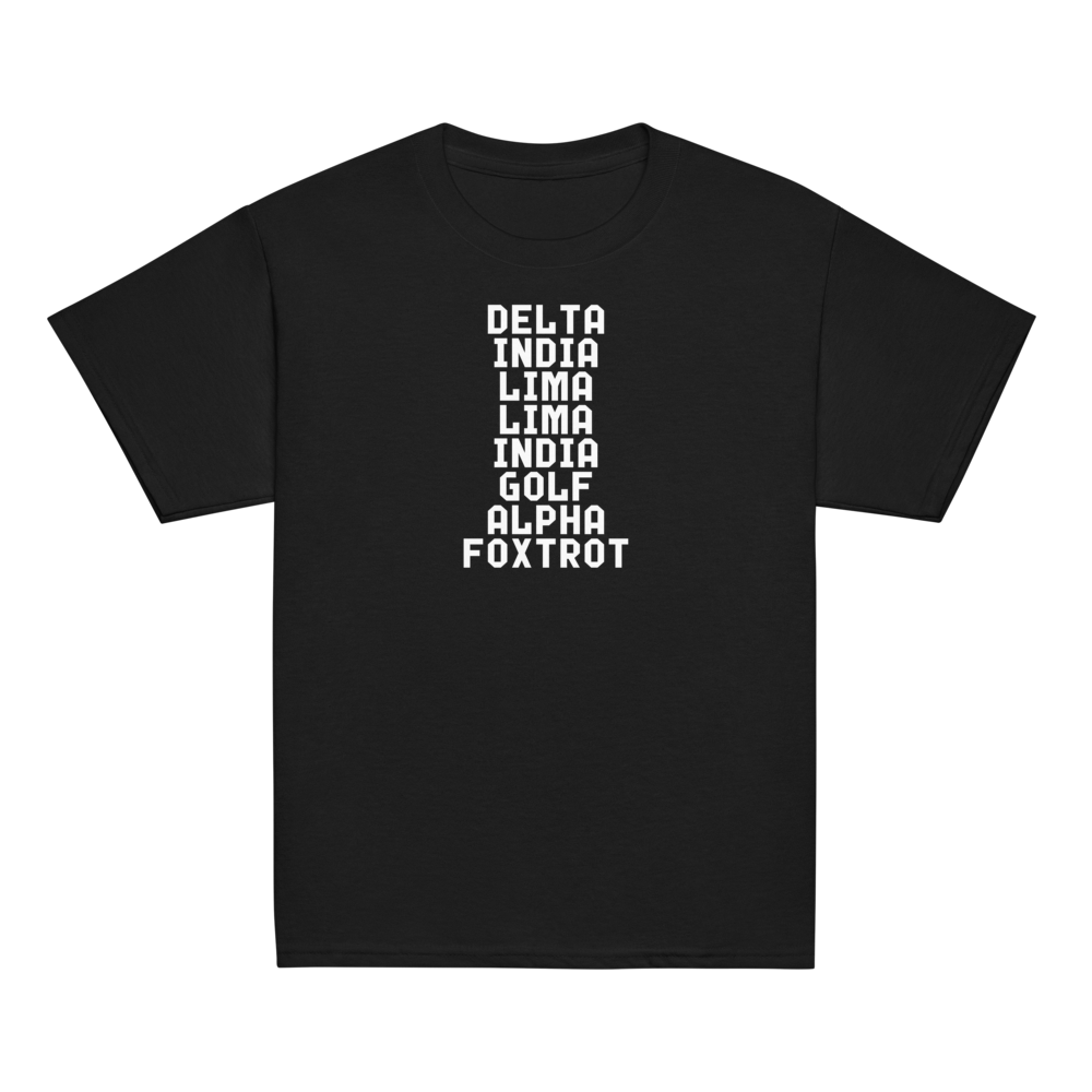 "DILLIGAF" printed on a black youth classic tee laying on a flat surface