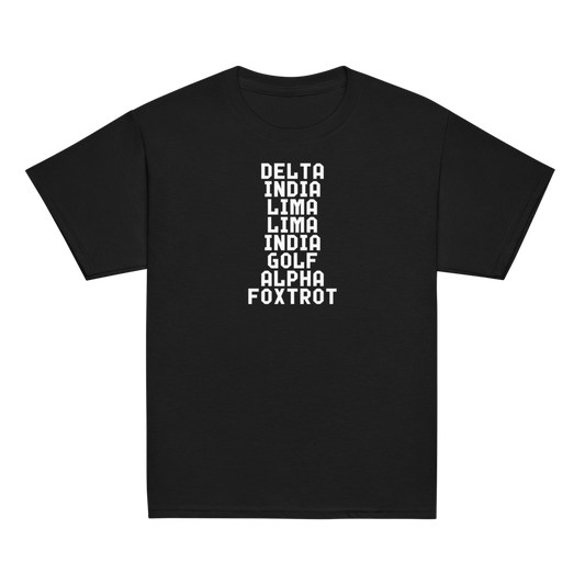 "DILLIGAF" printed on a black youth classic tee laying on a flat surface