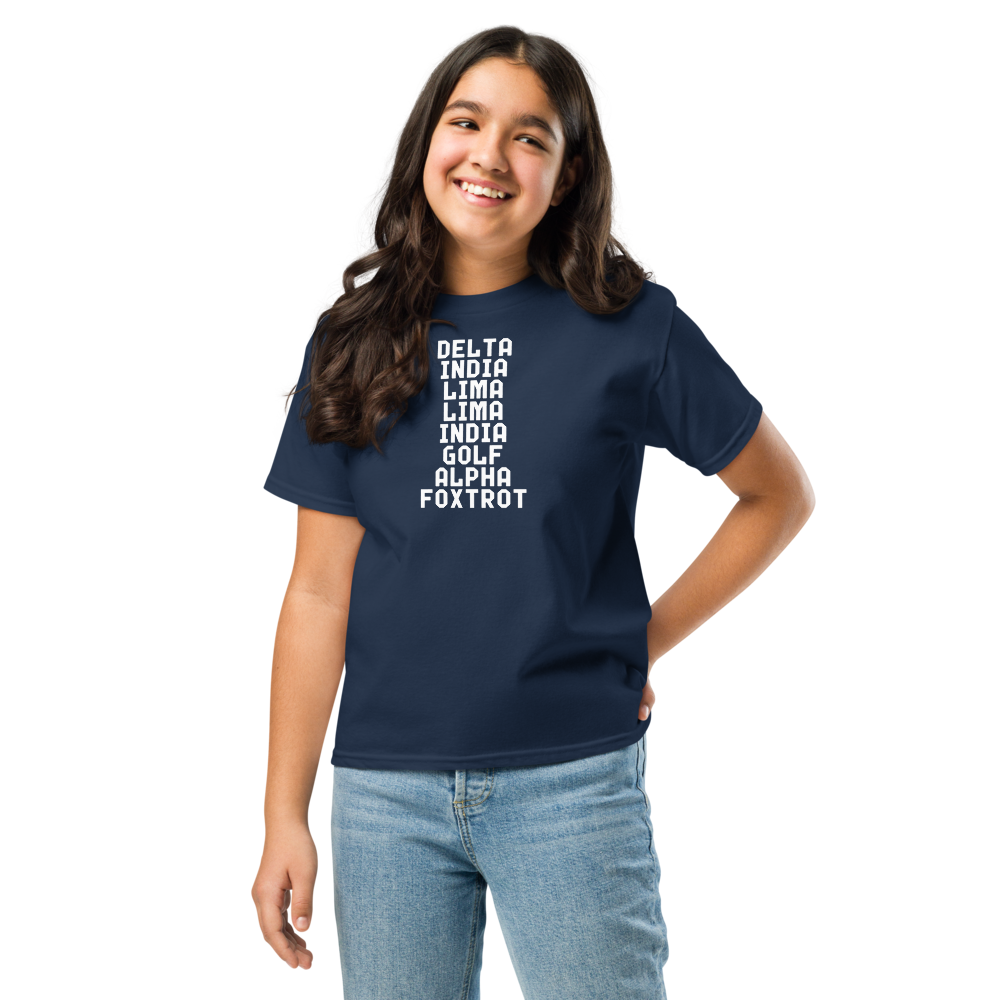 "DILLIGAF" printed on a navy youth classic tee worn by a female