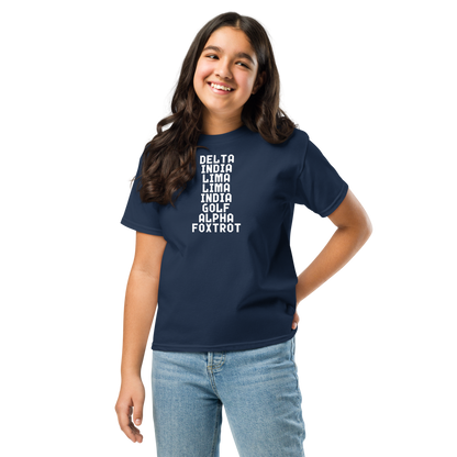 "DILLIGAF" printed on a navy youth classic tee worn by a female