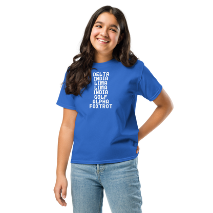 "DILLIGAF" printed on a royal youth classic tee worn by a female