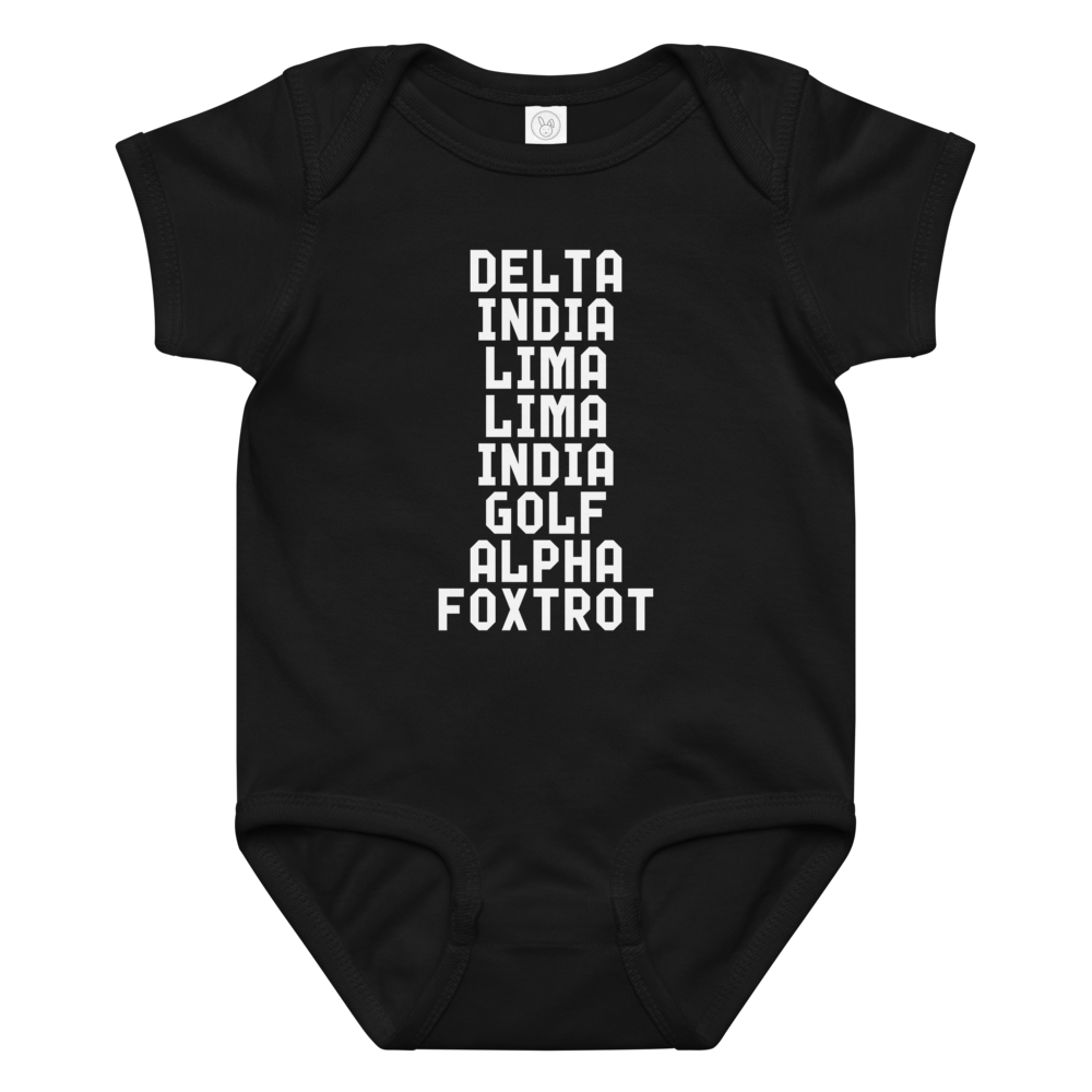 "DILLIGAF" printed on a black baby jersey bodysuit laying on a flat surface amongst other clothes