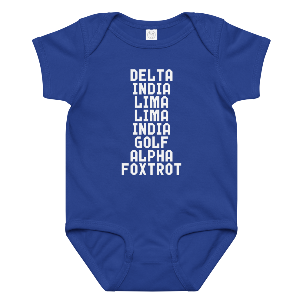 "DILLIGAF" printed on a royal baby jersey bodysuit laying on a flat surface amongst other clothes