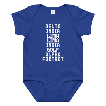 "DILLIGAF" printed on a royal baby jersey bodysuit laying on a flat surface amongst other clothes