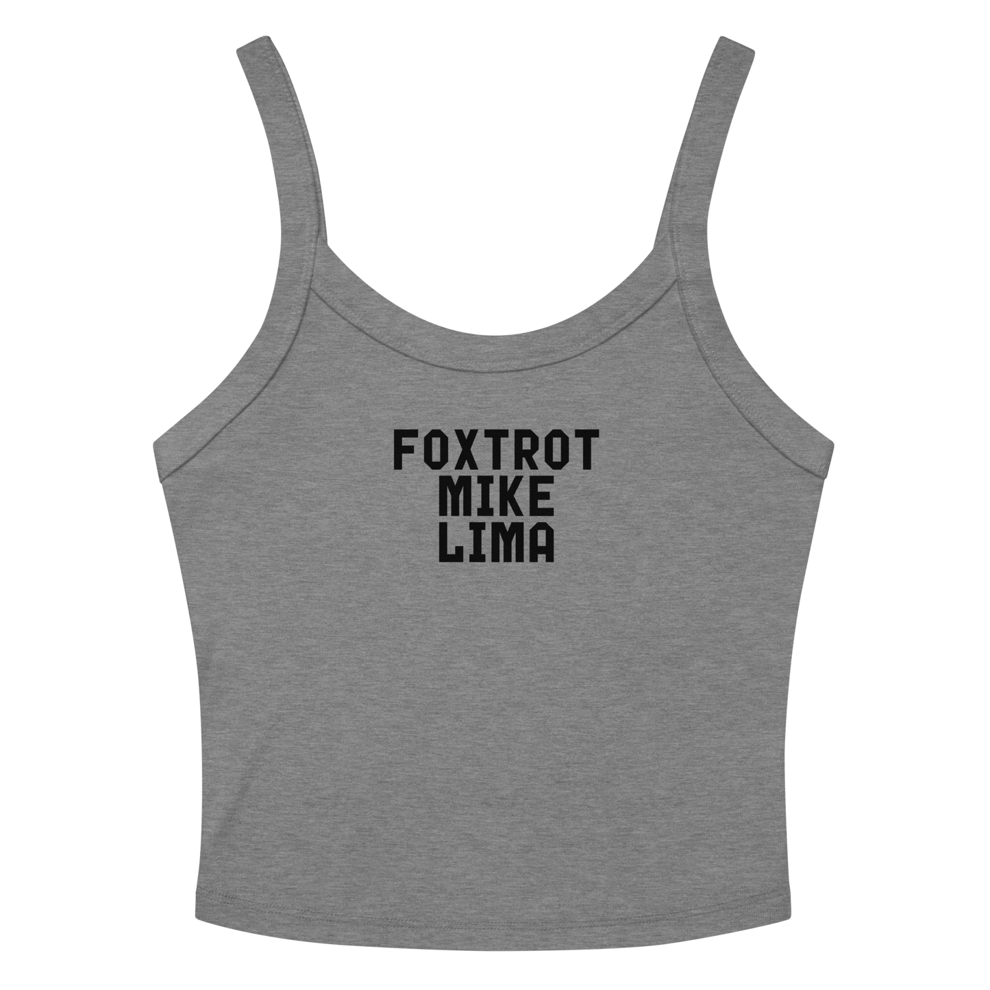 "Foxtrot Mike Lima" printed on a athletic heather women's micro-rib tanktop laying on a flat surface amongst sunglasses and shorts