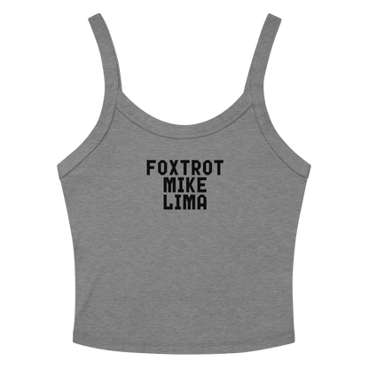 "Foxtrot Mike Lima" printed on a athletic heather women's micro-rib tanktop laying on a flat surface amongst sunglasses and shorts