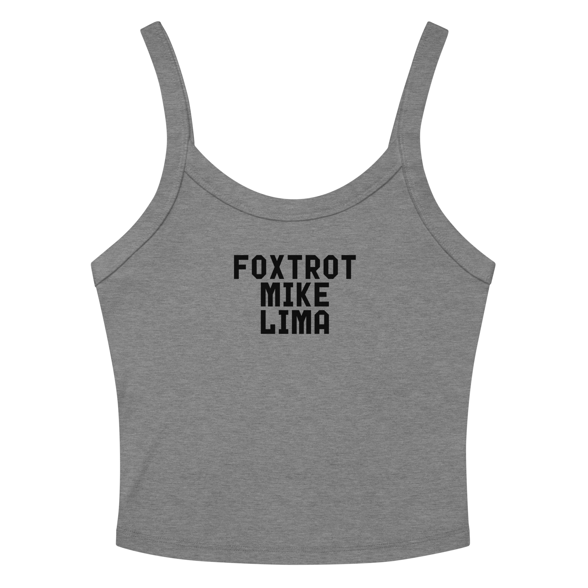 "Foxtrot Mike Lima" printed on a athletic heather women's micro-rib tanktop laying on a flat surface amongst sunglasses and shorts
