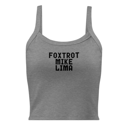 "Foxtrot Mike Lima" printed on a athletic heather women's micro-rib tanktop laying on a flat surface