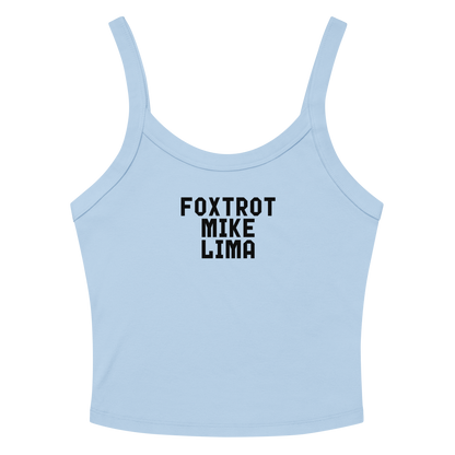 "Foxtrot Mike Lima" printed on a solid baby blue blend women's micro-rib tanktop laying on a flat surface amongst sunglasses and shorts