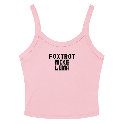 "Foxtrot Mike Lima" printed on a solid pink blend women's micro-rib tanktop laying on a flat surface amongst sunglasses and shorts