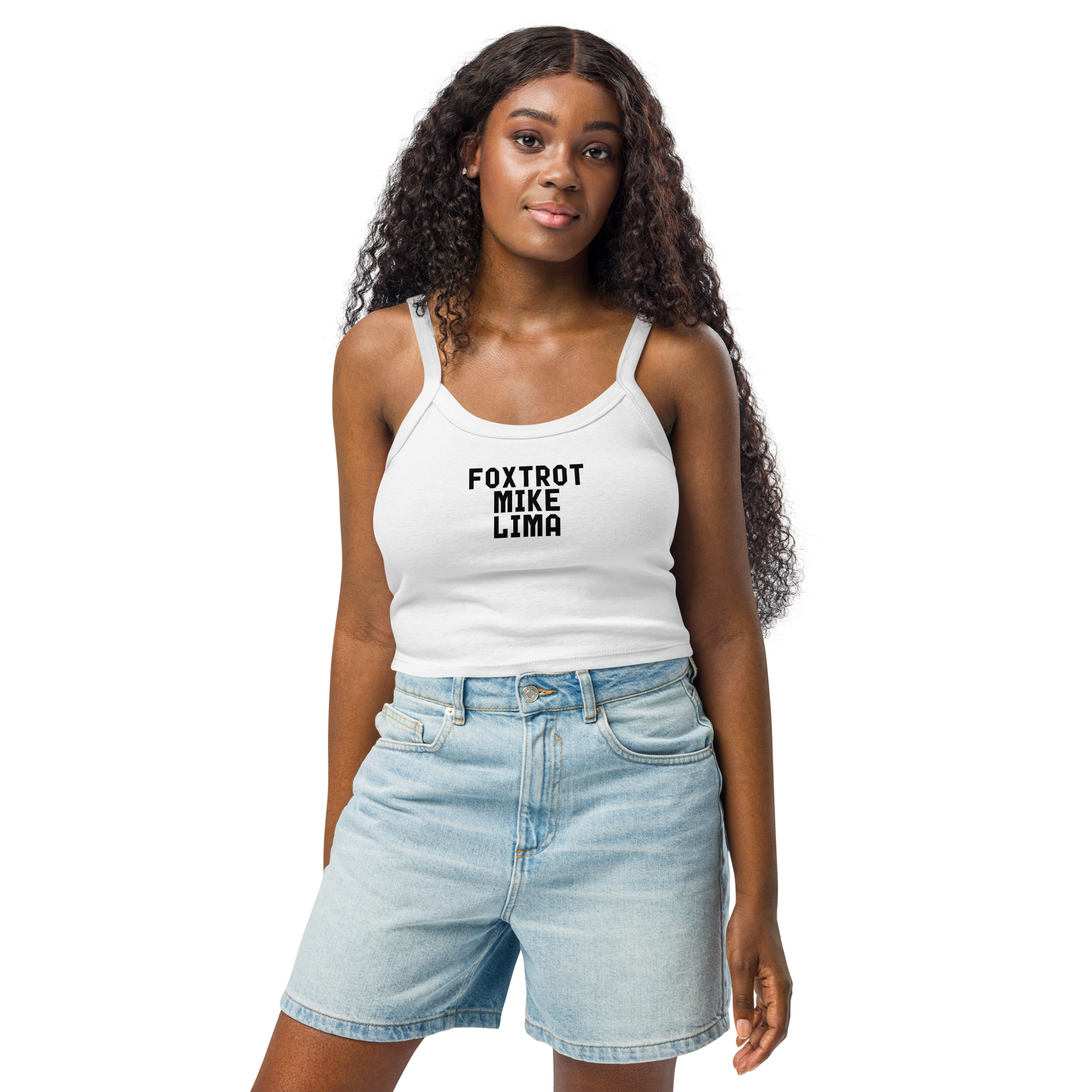 "Foxtrot Mike Lima" printed on a solid white blend women's micro-rib tanktop worn by a female