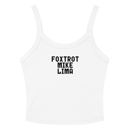 "Foxtrot Mike Lima" printed on a solid white blend women's micro-rib tanktop laying on a flat surface amongst sunglasses and shorts