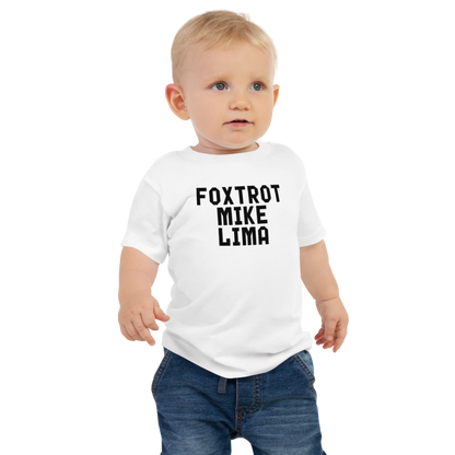 "Foxtrot Mike Lima" printed on a white baby jersey short sleeve tee worn by a male