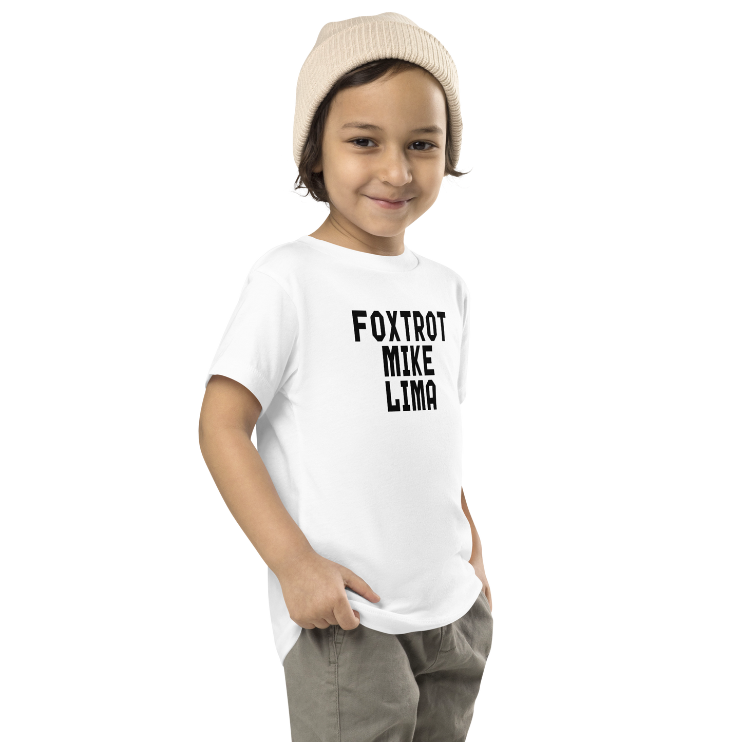 "Foxtrot Mike Lima" printed on a white toddler short sleeve tee worn by a male who is also wearing a knit cap