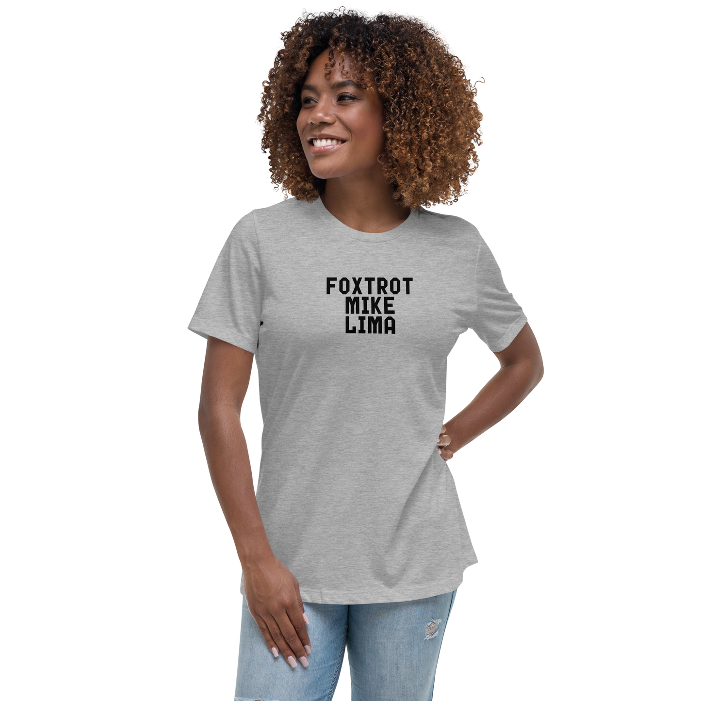 "Foxtrot Mike Lima" printed on a athletic heather women's relaxed t-shirt worn by a female